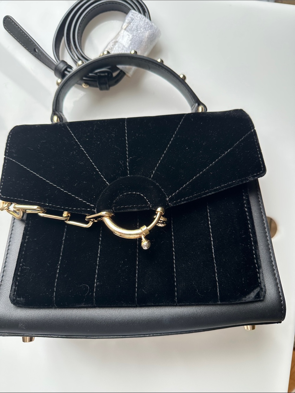 Black Velvet Top-Handle Dissona Crossbody with Gold Chain Accent